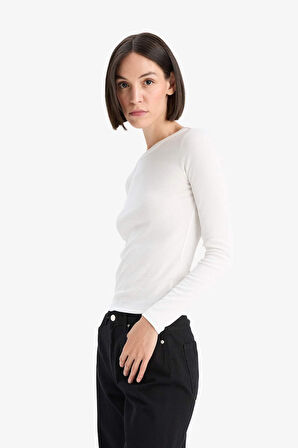 Slim Fit Dar Kesim Basic Düz Fitilli Kaşkorse Uzun Kollu Tişört