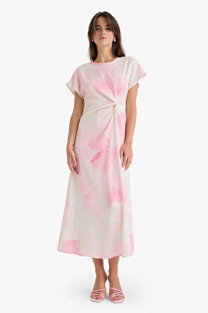 Bisiklet Yaka Batik Saten Kısa Kollu Midi Elbise