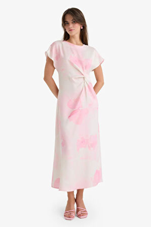 Bisiklet Yaka Batik Saten Kısa Kollu Midi Elbise