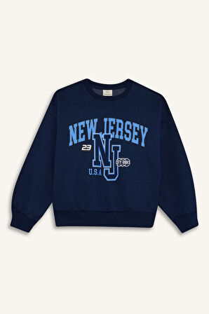 Kız Çocuk Relax Fit Bisiklet Yaka Baskılı Sweatshirt Kumaşı Sweatshirt