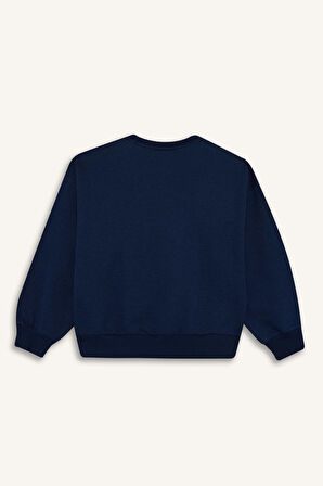 Kız Çocuk Relax Fit Bisiklet Yaka Baskılı Sweatshirt Kumaşı Sweatshirt