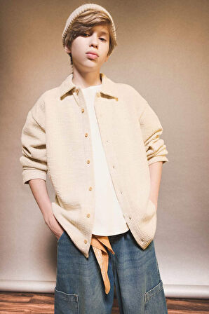 Erkek Çocuk Polo Yaka Jakarlı Uzun Kollu Gömlek