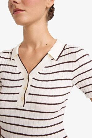 Fitted Polo Yaka Çizgili Triko Kazak