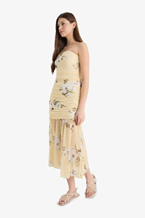 DeFacto Coool Bodycon Vücudu Saran Straplez Çiçek Desenli Tül Maxi Elbise F5577AX25SMYL272