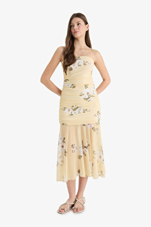 DeFacto Coool Bodycon Vücudu Saran Straplez Çiçek Desenli Tül Maxi Elbise F5577AX25SMYL272