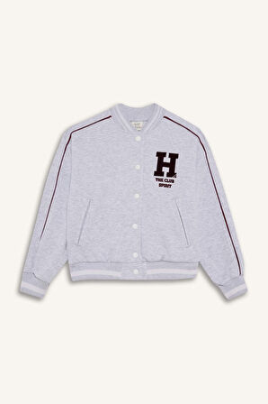 Kız Çocuk Slogan Baskılı Kolej Yaka Bomber Kalın Sweatshirt Kumaşı Hırka