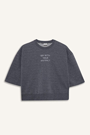 Kız Çocuk Oversize Geniş Kalıp Bisiklet Yaka Baskılı Sweatshirt