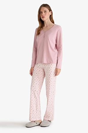Pijama Takımı Regular Fit Uzun Kollu Üst Desenli Uzun Alt-Fall in Love