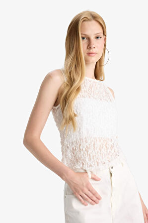 Fitted Bisiklet Yaka Kolsuz Dantel Bluz