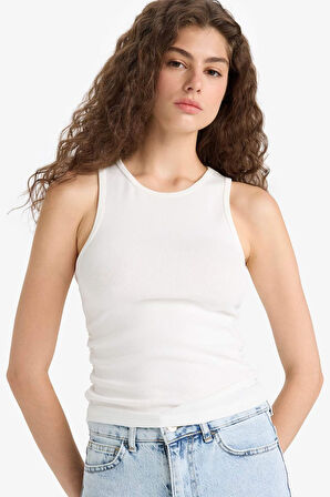 Fitted Bisiklet Yaka Basic Düz Ribana Beyaz  Atlet