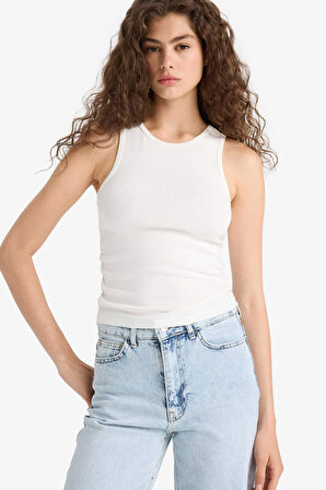 Fitted Bisiklet Yaka Basic Düz Ribana Beyaz  Atlet