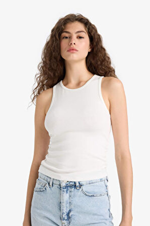 Fitted Bisiklet Yaka Basic Düz Ribana Beyaz  Atlet