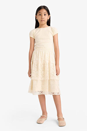 Kız Çocuk Beli Lastikli Dantel Etek