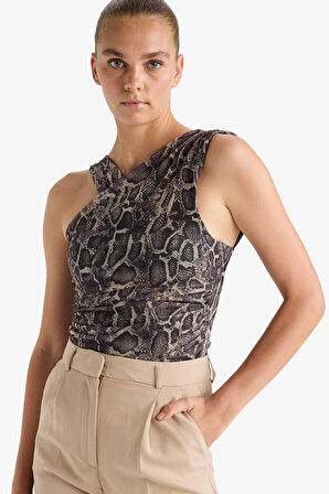 Yılan Derisi Desenli Halter Yaka Tül Bluz 