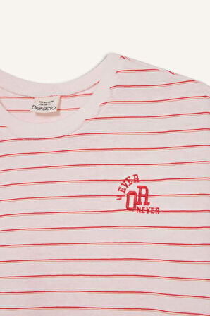 Kız Çocuk Relax Fit Bisiklet Yaka Çizgili Kısa Kollu Tişört