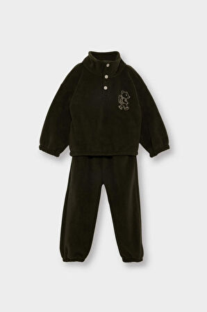 Erkek Bebek 2'li Takım Nakışlı Polar  Dik Yaka Düğmeli Sweatshirt Eşofman Altı