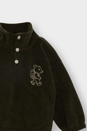 Erkek Bebek 2'li Takım Nakışlı Polar  Dik Yaka Düğmeli Sweatshirt Eşofman Altı