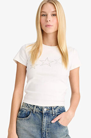 Coool Fitted Yıldız Desenli Ribana Kısa Kollu Tişört