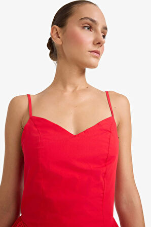 V Yaka Poplin Askılı Midi Elbise