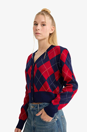 Coool Fitted V Yaka Baklava Desenli Düğmeli Hırka