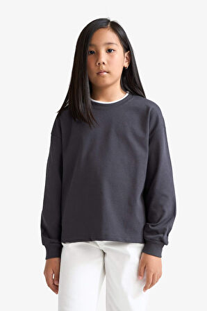 Kız Çocuk Relax Fit Bisiklet Yaka Uzun Kollu Tişört