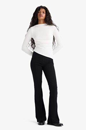 Flare Fit Yüksek Bel İspanyol Paça Uzun Krep Pantolon