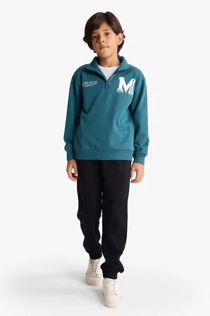 2'li Takım Yarım Fermuarlı Baskılı Sweatshirt Eşofman Altı Erkek Çocuk