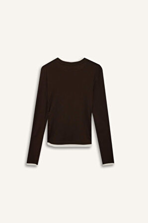 Slim Fit Dar Kesim Bisiklet Yaka Ribana Uzun Kollu Tişört