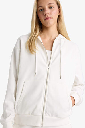 Relax Fit Kapüşonlu Basic Düz Kalın Fermuarlı Sweatshirt