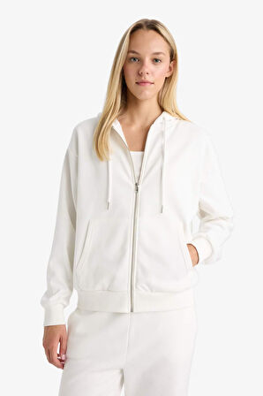 Relax Fit Kapüşonlu Basic Düz Kalın Fermuarlı Sweatshirt