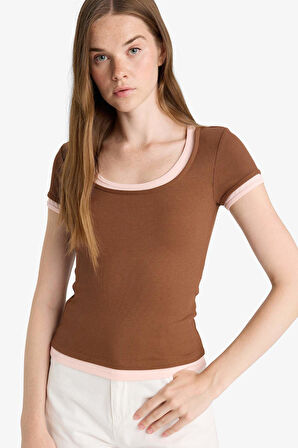 U Yaka Fitilli Kaşkorse Kısa Kollu Tişört