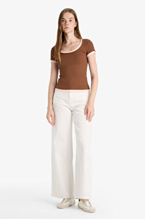 U Yaka Fitilli Kaşkorse Kısa Kollu Tişört