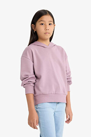 Kız Çocuk Relax Fit Kapüşonlu Basic Düz Sweatshirt