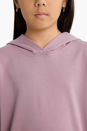 Kız Çocuk Relax Fit Kapüşonlu Basic Düz Sweatshirt