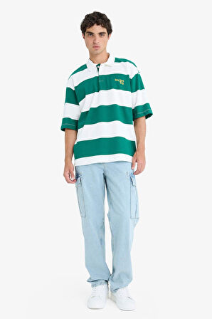 DeFacto %100 Pamuk Boxy Fit Polo Yaka Çizgili Kısa Kollu Tişört F5919AX25SMGN651