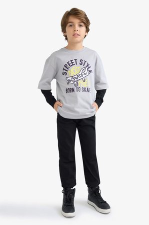Erkek Çocuk Oversize Geniş Kalıp Bisiklet Yaka Baskılı Uzun Kollu Tişört E9590A825AUGR160