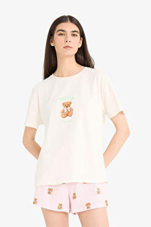 Pijama Takımı Kısa Kollu Baskılı Pijama Üstü Esnek Belli Şort Pijama Altı-Fall in Love