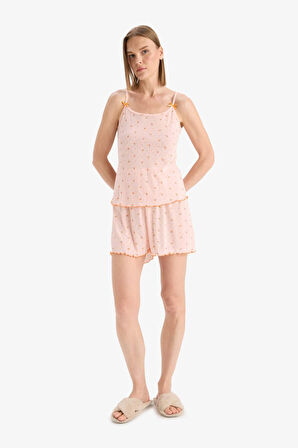 DeFacto Regular Fit Pijama Takımı Desenli Askılı Pijama Üstü Esnek Belli Şort Pijama Altı-Fall in Love F5774AX25SMPN675