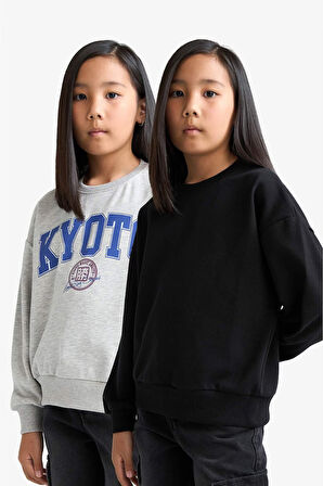Kız Çocuk Relax Fit Bisiklet Yaka Slogan Baskılı 2'li Sweatshirt