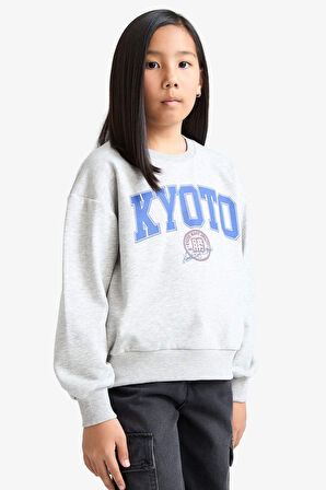 Kız Çocuk Relax Fit Bisiklet Yaka Slogan Baskılı 2'li Sweatshirt