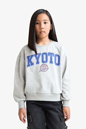 Kız Çocuk Relax Fit Bisiklet Yaka Slogan Baskılı 2'li Sweatshirt