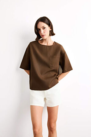 Relax Fit Bisiklet Yaka Dokuma Kısa Kollu Gömlek