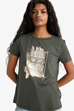 Relax Fit Bisiklet Yaka Baskılı Kısa Kollu Tişört