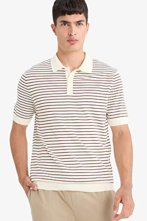 Standart Fit Polo Yaka Triko Çizgili Kısa Kollu Tişört