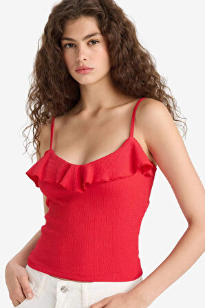 Slim Fit Dar Kesim Fırfırlı Yaka Askılı Kırmızı Atlet