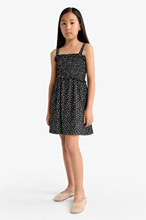 Kız Çocuk Çiçek Desenli Askılı Elbise