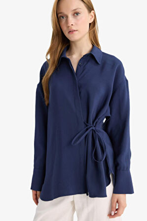 Relax Fit Modal Önden Bağlamalı Uzun Kollu Gömlek Tunik