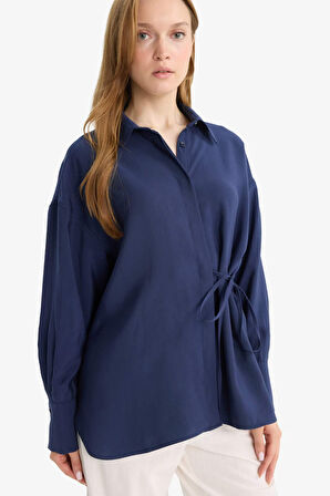 Relax Fit Modal Önden Bağlamalı Uzun Kollu Gömlek Tunik