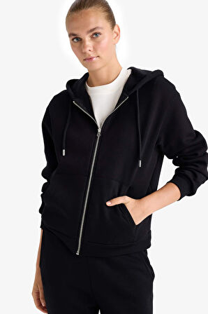 Relax Fit Kapüşonlu Basic Düz Kalın Fermuarlı Sweatshirt