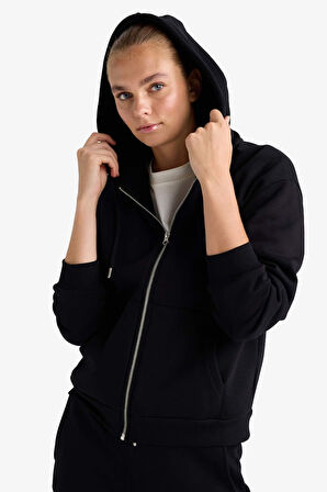 Relax Fit Kapüşonlu Basic Düz Kalın Fermuarlı Sweatshirt